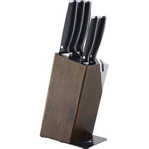 Rio 6-Piece Knife Block Set, Contains 5 Kitchen Knives with 'Safe-D' Tips & 1 Deluxe Wooden Knife Block with Sharpener, Silver, Black, Dark Wood Rio 6-Piece Knife Block Set, Contains 5 Kitchen Knives with 'Safe-D' Tips & 1 Deluxe Wooden Knife Block with Sharpener, Silver, Black, Dark Wood