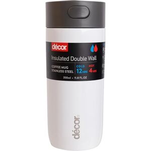 Décor Insulated Cool Touch Double Wall Travel Coffee Cup, Leak Proof Seal and Button Press Release Drink Feature. Vacuum Insulated 4 Hour Hot and 12 Hours Cold. White 350ml. Décor Insulated Cool Touch Double Wall Travel Coffee Cup, Leak Proof Seal and Button Press Release Drink Feature. Vacuum Insulated 4 Hour Hot and 12 Hours Cold. White 350ml.