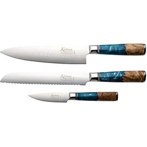 Katana Saya Elements 3 Piece Kitchen Knife Set, Ocean Blue High Carbon VG-10 Damascus Steel for Extreme Toughness & Sharpness – Natural Olivewood & Resin Handle – Chef, Bread & Paring Knife Katana Saya Elements 3 Piece Kitchen Knife Set, Ocean Blue High Carbon VG-10 Damascus Steel for Extreme Toughness & Sharpness – Natural Olivewood & Resin Handle – Chef, Bread & Paring Knife