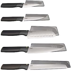 Joseph Joseph Duo 5 Piece Elevate Kitchen Knife set, Japanese Stainless Steel blades, includes Paring, Serrated and Chef's knife with protective sheath, Black/Opal Joseph Joseph Duo 5 Piece Elevate Kitchen Knife set, Japanese Stainless Steel blades, includes Paring, Serrated and Chef's knife with protective sheath, Black/Opal