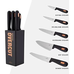 KARACA Overcut 6-Piece Black Knife Set with Block, Stainless Steel Kitchen Knives Sets with Ergonomic Handles, Includes Chef's, Carving, Bread, Utility, Paring Knives & Stand KARACA Overcut 6-Piece Black Knife Set with Block, Stainless Steel Kitchen Knives Sets with Ergonomic Handles, Includes Chef's, Carving, Bread, Utility, Paring Knives & Stand