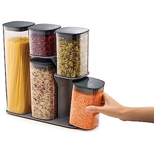 Joseph Joseph 5 piece Podium Airtight Kitchen Food Storage Jar Container Set with Stand, Grey Joseph Joseph 5 piece Podium Airtight Kitchen Food Storage Jar Container Set with Stand, Grey