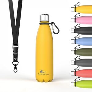 Daikoku Stainless Steel Bottle + Adjustable Strap + Carabiner, BPA Free Double Walled Thermos, Reusable Water Bottle, Airtight Cap, Colour Yellow, Capacity 500 ML Daikoku Stainless Steel Bottle + Adjustable Strap + Carabiner, BPA Free Double Walled Thermos, Reusable Water Bottle, Airtight Cap, Colour Yellow, Capacity 500 ML
