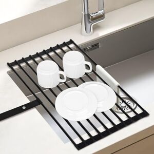 Euqvunn Roll Up Dish Drainer Rack, Over The Sink, Drying Mat Large Foldable with Anti-Slip Silicone Edges and Strap for Plates, Bowls, Cups, 51x32cm, Black Euqvunn Roll Up Dish Drainer Rack, Over The Sink, Drying Mat Large Foldable with Anti-Slip Silicone Edges and Strap for Plates, Bowls, Cups, 51x32cm, Black