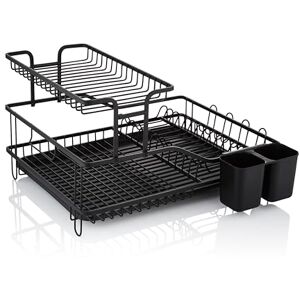 Swan Stealth 15 Plate Dish Rack with Removable Cutlery Holder, Drip Tray, Space Saving Two Tier Design, Iron Body, Black Swan Stealth 15 Plate Dish Rack with Removable Cutlery Holder, Drip Tray, Space Saving Two Tier Design, Iron Body, Black