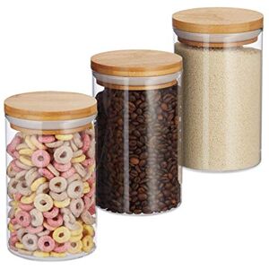 Relaxdays Glass Storage Jars, Set Of 3, Pasta, Coffee, Tea Or Biscuit Jar, 800 ml, HxD 16x9.5 cm, Bamboo, Natural Relaxdays Glass Storage Jars, Set Of 3, Pasta, Coffee, Tea Or Biscuit Jar, 800 ml, HxD 16x9.5 cm, Bamboo, Natural
