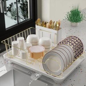Buruis Dish Drying Rack, Gold Dish Drainer Organizer Includes Removable Drain Board and Utensil Holder, Large Capacity Metal Dish Racks for Kitchen (White) Buruis Dish Drying Rack, Gold Dish Drainer Organizer Includes Removable Drain Board and Utensil Holder, Large Capacity Metal Dish Racks for Kitchen (White)