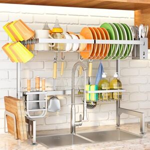 SNTD Over The Sink Dish Drying Rack, Full Stainless Steel 2-Tier Kitchen Counter Dish Drainer Rack Adjustable (33.8 to 41.5 inch), Expandable Dish Drying Rack with Kitchen Accessories, Silver SNTD Over The Sink Dish Drying Rack, Full Stainless Steel 2-Tier Kitchen Counter Dish Drainer Rack Adjustable (33.8 to 41.5 inch), Expandable Dish Drying Rack with Kitchen Accessories, Silver