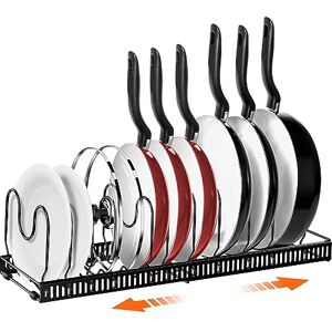AHNR Expandable Pot and Pan Organizer Rack, 10 Adjustable Compartments, Black, Iron, Kitchen Pot Racks, Pot Rack, 23.2 x 7.1 x 7.3 inches, Store and Organize Various Kitchenware AHNR Expandable Pot and Pan Organizer Rack, 10 Adjustable Compartments, Black, Iron, Kitchen Pot Racks, Pot Rack, 23.2 x 7.1 x 7.3 inches, Store and Organize Various Kitchenware