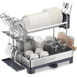 SONGMICS Dish Drying Rack, 2-Tier Stainless Steel Dish Drainer with Extendable Spout, Drainboard, Cup Holder, Fingerprint-Resistant, for Kitchen, 32.5 x 58 x 39.6 cm, Silver and Grey KCS032E01 SONGMICS Dish Drying Rack, 2-Tier Stainless Steel Dish Drainer with Extendable Spout, Drainboard, Cup Holder, Fingerprint-Resistant, for Kitchen, 32.5 x 58 x 39.6 cm, Silver and Grey KCS032E01
