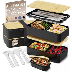 Umami Bento Box Adult All-in-1 w/4 Utensils, Big Sauce Jar, 2 Dividers, 100% Leakproof, Microwave & Dishwasher Safe Stackable Bento Lunch Box Containers for Men/Women, Black & Beige, 1200 ml Umami Bento Box Adult All-in-1 w/4 Utensils, Big Sauce Jar, 2 Dividers, 100% Leakproof, Microwave & Dishwasher Safe Stackable Bento Lunch Box Containers for Men/Women, Black & Beige, 1200 ml