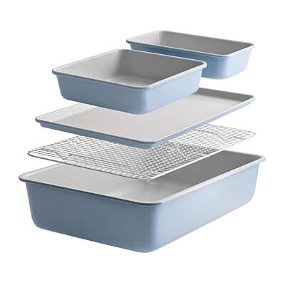 ProCook Soho Bakeware Set 5 Piece, Carbon Steel Non Stick Baking Trays Sky Blue, Easy Clean Oven Tins Pans with Cooling Rack ProCook Soho Bakeware Set 5 Piece, Carbon Steel Non Stick Baking Trays Sky Blue, Easy Clean Oven Tins Pans with Cooling Rack