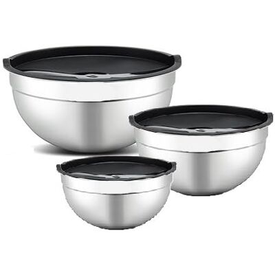 Nobel Mixing Bowl Set of 3, Stainless Steel Nesting Bowls Heavy Duty & Dishwasher Safe, Space-Saving Storage Metal Bowl, Air Tight Black lids (18,22 & 26 cm Diameter) Nobel Mixing Bowl Set of 3, Stainless Steel Nesting Bowls Heavy Duty & Dishwasher Safe, Space-Saving Storage Metal Bowl, Air Tight Black lids (18,22 & 26 cm Diameter)