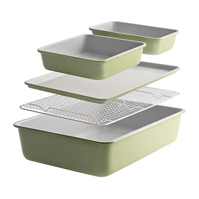 ProCook Soho Bakeware Set 5 Piece, Carbon Steel Non Stick Baking Trays Sage Green, Easy Clean Oven Tins Pans with Cooling Rack ProCook Soho Bakeware Set 5 Piece, Carbon Steel Non Stick Baking Trays Sage Green, Easy Clean Oven Tins Pans with Cooling Rack