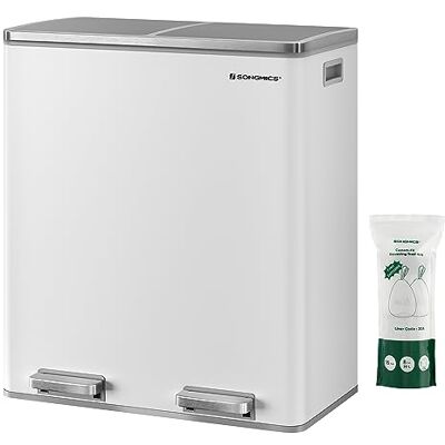 SONGMICS Dual Rubbish Bin, Metal Recycling Bin with 15 Rubbish Bags, 2-Compartment, with Lids, Pedals, Plastic Inner Buckets, Soft Closure, 2 x 8 Gallons (2 x 30 L), White and Grey LTB60WT SONGMICS Dual Rubbish Bin, Metal Recycling Bin with 15 Rubbish Bags, 2-Compartment, with Lids, Pedals, Plastic Inner Buckets, Soft Closure, 2 x 8 Gallons (2 x 30 L), White and Grey LTB60WT