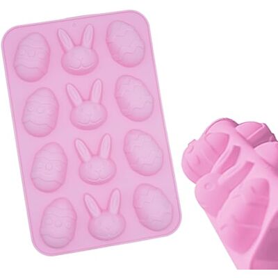 SRV Hub Pink Easter Bunny Silicone Mould, 12 Cavity Egg Shaped Non-Stick Reusable Baking Tray, DIY Chocolate Candy Jelly Fondant Mold for Easter Party Treats, 22.5cm SRV Hub Pink Easter Bunny Silicone Mould, 12 Cavity Egg Shaped Non-Stick Reusable Baking Tray, DIY Chocolate Candy Jelly Fondant Mold for Easter Party Treats, 22.5cm