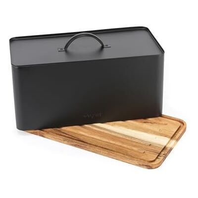 Salter Toronto Bread Bin With Chopping Board Base, Black Solid Acacia Wood Board, Easy-Lift Lid, Medium Loaf Storage, Rectangular Countertop Bread Box, Wipe Clean Surface Salter Toronto Bread Bin With Chopping Board Base, Black Solid Acacia Wood Board, Easy-Lift Lid, Medium Loaf Storage, Rectangular Countertop Bread Box, Wipe Clean Surface