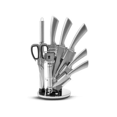 KARACA Meister Palm German Stainless Steel Knife Set with Stand, Ultra Sharp Stainless Steel Kitchen Knives with 360 Degree Rotating Stand, Premium Quality Professional Knife Set, 8 Piece, Silver KARACA Meister Palm German Stainless Steel Knife Set with Stand, Ultra Sharp Stainless Steel Kitchen Knives with 360 Degree Rotating Stand, Premium Quality Professional Knife Set, 8 Piece, Silver