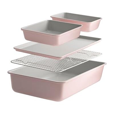 ProCook Soho Bakeware Set 5 Piece, Carbon Steel Non Stick Baking Trays Dusky Pink, Easy Clean Oven Tins Pans with Cooling Rack ProCook Soho Bakeware Set 5 Piece, Carbon Steel Non Stick Baking Trays Dusky Pink, Easy Clean Oven Tins Pans with Cooling Rack