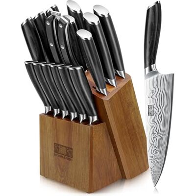 HOSHANHO 16-Piece Knife Set with Block, Ultra Sharp High Carbon Stainless Steel Knife Block Set, Chef Knife Set Professional Kitchen Knives Set with Sharpener and Pakkawood Handle HOSHANHO 16-Piece Knife Set with Block, Ultra Sharp High Carbon Stainless Steel Knife Block Set, Chef Knife Set Professional Kitchen Knives Set with Sharpener and Pakkawood Handle