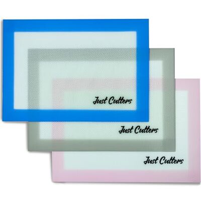 Just Cutters 3 Pack Thick Durable Reinforced Silicone Baking Mats, Oven Proof Non-Stick Washable Bakeware Tray Liners for Cookies, Pastries, Bread, Cake Just Cutters 3 Pack Thick Durable Reinforced Silicone Baking Mats, Oven Proof Non-Stick Washable Bakeware Tray Liners for Cookies, Pastries, Bread, Cake