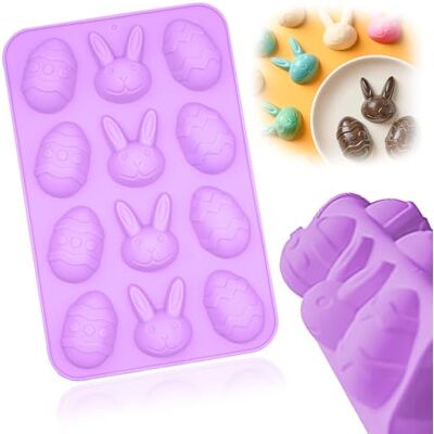 SRV Hub Egg Bunny Shaped Easter Silicone Mold, 12 Cavity Lilac Non-Stick Reusable Candy Jelly Bakeware Tray, Flexible Chocolate Fondant Baking Mould for Easter Treats, 22.5cm SRV Hub Egg Bunny Shaped Easter Silicone Mold, 12 Cavity Lilac Non-Stick Reusable Candy Jelly Bakeware Tray, Flexible Chocolate Fondant Baking Mould for Easter Treats, 22.5cm