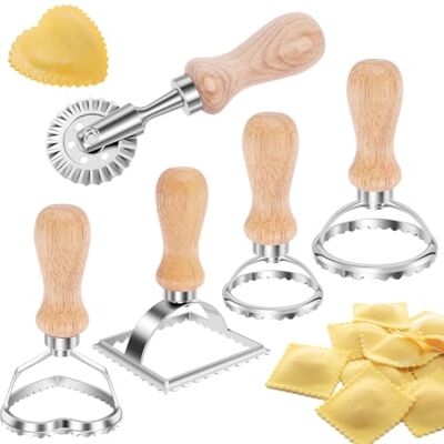 NIHUIFDPY 5Pcs Pasta Maker Set, Ravioli Stamp Maker Cutter with Roller Wheel Set, Round/Square/Heart Shape Ravioli Stamp Mold with Wooden Handle and Fluted Edge for Making Dumpling, Pasta, Cookie,Pierogi NIHUIFDPY 5Pcs Pasta Maker Set, Ravioli Stamp Maker Cutter with Roller Wheel Set, Round/Square/Heart Shape Ravioli Stamp Mold with Wooden Handle and Fluted Edge for Making Dumpling, Pasta, Cookie,Pierogi