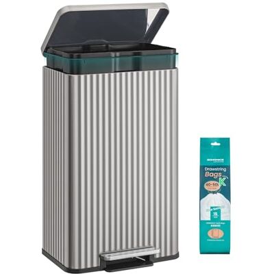 SONGMICS Kitchen Bin, 13 Gallon (50 L) Waste Bin with Pedal, Soft-Close Lid, and Removable Inner Bucket, Stainless Steel, 15 Rubbish Bags (Code K) Included, Metallic Silver LTB586EZ01 SONGMICS Kitchen Bin, 13 Gallon (50 L) Waste Bin with Pedal, Soft-Close Lid, and Removable Inner Bucket, Stainless Steel, 15 Rubbish Bags (Code K) Included, Metallic Silver LTB586EZ01