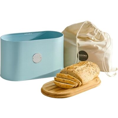 Cooks Professional Ribbed Bread Bin with Linen Bag & 2-in-1 Bamboo Cutting Board Lid Modern, Stylish & Breathable Countertop Food Storage Canister for Loaves, Rolls, Pastries Blue & Silver Cooks Professional Ribbed Bread Bin with Linen Bag & 2-in-1 Bamboo Cutting Board Lid Modern, Stylish & Breathable Countertop Food Storage Canister for Loaves, Rolls, Pastries Blue & Silver