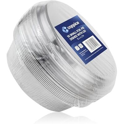 Coppice Strong Small Aluminium Foil Pie Dish with Plastic Lid for Baking, Serving & Food Storage 15cm x 4cm Freezer, Microwave & Oven Safe (10) Coppice Strong Small Aluminium Foil Pie Dish with Plastic Lid for Baking, Serving & Food Storage 15cm x 4cm Freezer, Microwave & Oven Safe (10)