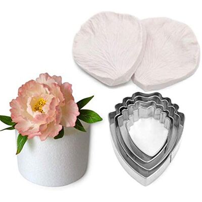 VALINK 6 Piece Peony Leaf Flower Decoration Tool Kit Stainless Steel Cookie Cutter+Silicone Veining Mold Petal Sugar Making Mould, Fondant Soap Chocolate Cupcake Candy Clay Craft Baking Mould Bakeware Set VALINK 6 Piece Peony Leaf Flower Decoration Tool Kit Stainless Steel Cookie Cutter+Silicone Veining Mold Petal Sugar Making Mould, Fondant Soap Chocolate Cupcake Candy Clay Craft Baking Mould Bakeware Set