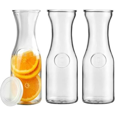Packool 3 Pcs Glass Carafe with Lid, Soda Lime Glass Beverage Bottles, 10.3 x 3.6 in Cold Water Pitcher Set for Juice Lemonade Mimosa Bar Brunch Table Serving Packool 3 Pcs Glass Carafe with Lid, Soda Lime Glass Beverage Bottles, 10.3 x 3.6 in Cold Water Pitcher Set for Juice Lemonade Mimosa Bar Brunch Table Serving