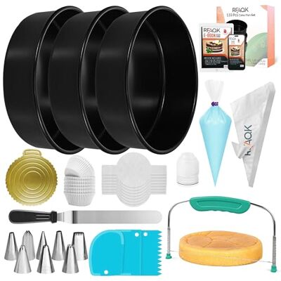 RFAQK 133PCs Round Cake Tins for Baking Baking Tins Non Stick 8 inch Cake Tin (x3) with Baking Accessories, Piping Nozzles, Cake Leveler, Icing Spatula, 35 Parchment Papers & eBook RFAQK 133PCs Round Cake Tins for Baking Baking Tins Non Stick 8 inch Cake Tin (x3) with Baking Accessories, Piping Nozzles, Cake Leveler, Icing Spatula, 35 Parchment Papers & eBook