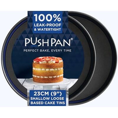 PushPan Set of 2 x 9 Inch Shallow Cake Tins Patented Silicone Seal Leak-Proof & Watertight Round Baking Tin Non-Stick Low Carbon Steel 23cm Cake Tin Dishwasher, Oven & Freezer Safe PushPan Set of 2 x 9 Inch Shallow Cake Tins Patented Silicone Seal Leak-Proof & Watertight Round Baking Tin Non-Stick Low Carbon Steel 23cm Cake Tin Dishwasher, Oven & Freezer Safe