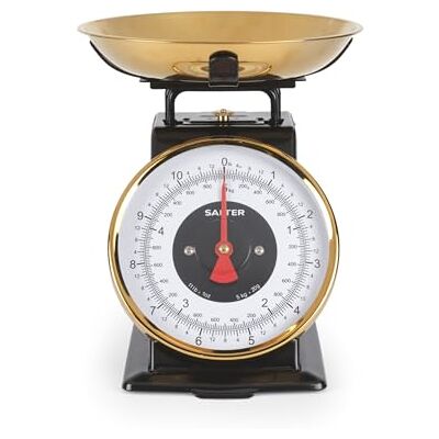 Salter Timeless Kitchen Scale Mechanical Baking Scale, 5kg/11lbs, 1 Litre Stainless Steel Bowl, 20g/1lbs Increments, Easy Read Large Dial Digits, 25cm Height. No Batteries Needed, Black/Gold Salter Timeless Kitchen Scale Mechanical Baking Scale, 5kg/11lbs, 1 Litre Stainless Steel Bowl, 20g/1lbs Increments, Easy Read Large Dial Digits, 25cm Height. No Batteries Needed, Black/Gold