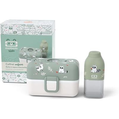 monbento Kids Lunch Box Gift Box with Bento Box MB Tresor Raccoon with Compartments, Water Bottle MB Postive S Ideal for Lunches or Snacks at School/Park Green monbento Kids Lunch Box Gift Box with Bento Box MB Tresor Raccoon with Compartments, Water Bottle MB Postive S Ideal for Lunches or Snacks at School/Park Green