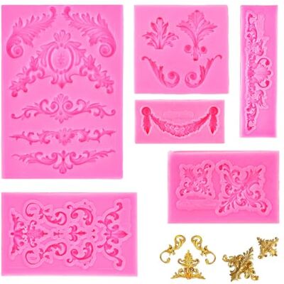 Rthynti 6PCS Fondant Silicone Moulds, 3D Baroque Sculpted Cake Mould(Pink) Retro Relief Fondant Mould, Scroll Border Embossed Lace Molds for Sugarcraft Clay Chocolate Candy Cake Rthynti 6PCS Fondant Silicone Moulds, 3D Baroque Sculpted Cake Mould(Pink) Retro Relief Fondant Mould, Scroll Border Embossed Lace Molds for Sugarcraft Clay Chocolate Candy Cake