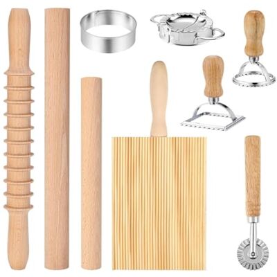 Kdouehg 9Pcs Pasta Making Tools Set, Wooden Rolling Pin, Gnocchi Board, Ravioli Stamp Maker Cutter, Pastry Cutter Wheel Kdouehg 9Pcs Pasta Making Tools Set, Wooden Rolling Pin, Gnocchi Board, Ravioli Stamp Maker Cutter, Pastry Cutter Wheel