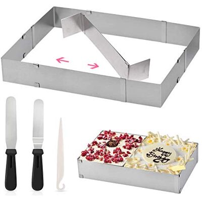 ZAWTR Square Baking Cake Tin, Adjustable Cake Tins Rectangular Mousse Cake Mould for Baking with Icing Spatula/Knife, Stainless Steel Cake Ring Cutter Baking Frame Kit for DIY Mousse Cake Dessert Pizza ZAWTR Square Baking Cake Tin, Adjustable Cake Tins Rectangular Mousse Cake Mould for Baking with Icing Spatula/Knife, Stainless Steel Cake Ring Cutter Baking Frame Kit for DIY Mousse Cake Dessert Pizza