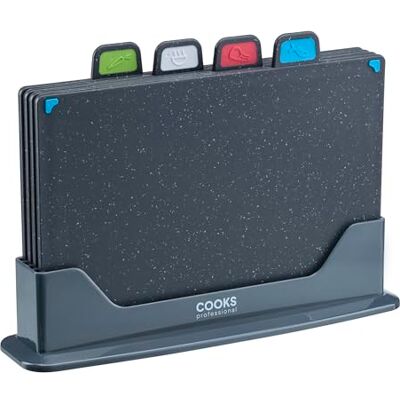 Cooks Professional Index Chopping Board Set Set of 4 Non Slip Chopping Boards with Stand Cutting Boards with Colour Coded Tabs for Fruit & Vegetables, Cooked Food, Raw Meat & Fish Dark Grey Cooks Professional Index Chopping Board Set Set of 4 Non Slip Chopping Boards with Stand Cutting Boards with Colour Coded Tabs for Fruit & Vegetables, Cooked Food, Raw Meat & Fish Dark Grey