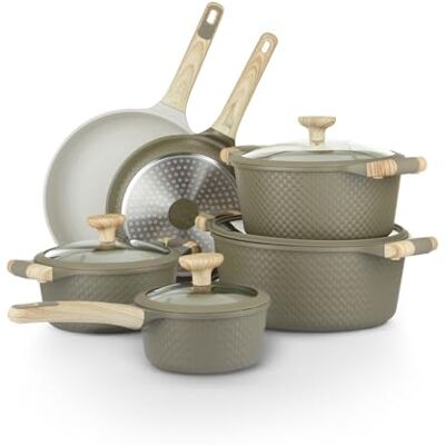 KASANOVA 10-Piece Kitchen Utensil Set Green Bamboo and Cream. Made of 4-Layer Non-Stick Aluminum, 4mm Bottom and Soft Touch bakelite Handle KASANOVA 10-Piece Kitchen Utensil Set Green Bamboo and Cream. Made of 4-Layer Non-Stick Aluminum, 4mm Bottom and Soft Touch bakelite Handle