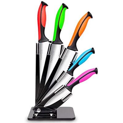 nuovva Kitchen Knife Block Set with Colour Coding 5pcs Coloured Knives Set with Acrylic Stand nuovva Kitchen Knife Block Set with Colour Coding 5pcs Coloured Knives Set with Acrylic Stand