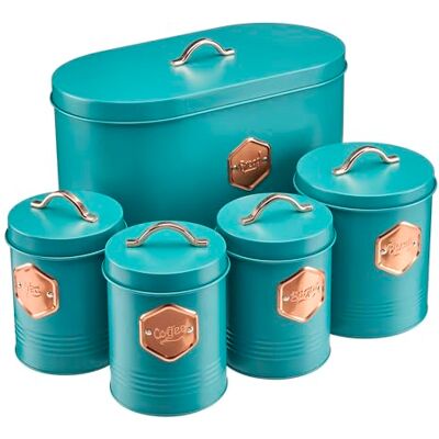 Cooks Professional 5 Piece Tea Coffee Sugar Bread & Biscuit Cannister Set Labelled Storage Tins Containers with Airtight Lids Canisters for Kitchen Accessories & Essentials Teal/Copper Cooks Professional 5 Piece Tea Coffee Sugar Bread & Biscuit Cannister Set Labelled Storage Tins Containers with Airtight Lids Canisters for Kitchen Accessories & Essentials Teal/Copper