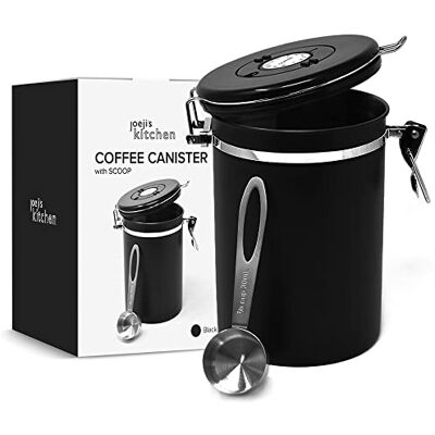 joeji's Kitchen Coffee Canister Airtight 1800ml Black Steel Scoop Date Dial joeji's Kitchen Coffee Canister Airtight 1800ml Black Steel Scoop Date Dial