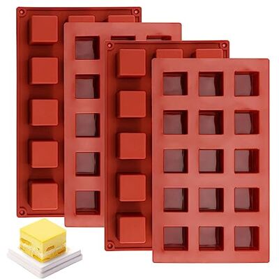 SINJEUN 4 Pack Silicone Brownie Baking Tin, Brick Red Silicone Brownie Mould with 15 Grids Square Silicone Baking Mould for Ice Cubes, Chocolates and Biscuits SINJEUN 4 Pack Silicone Brownie Baking Tin, Brick Red Silicone Brownie Mould with 15 Grids Square Silicone Baking Mould for Ice Cubes, Chocolates and Biscuits