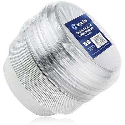Coppice Strong Small Aluminium Foil Pie Dish with Plastic Lid for Baking, Serving & Food Storage 15cm x 4cm Freezer, Microwave & Oven Safe (20) Coppice Strong Small Aluminium Foil Pie Dish with Plastic Lid for Baking, Serving & Food Storage 15cm x 4cm Freezer, Microwave & Oven Safe (20)