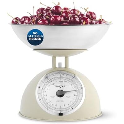 Salter Timeless Mechanical Kitchen Scale 5 Kg, Battery Free 2 L Removable Dishwasher Safe Bowl, Large Easy Read Dial, Cream Finish, For Cooking And Baking Salter Timeless Mechanical Kitchen Scale 5 Kg, Battery Free 2 L Removable Dishwasher Safe Bowl, Large Easy Read Dial, Cream Finish, For Cooking And Baking