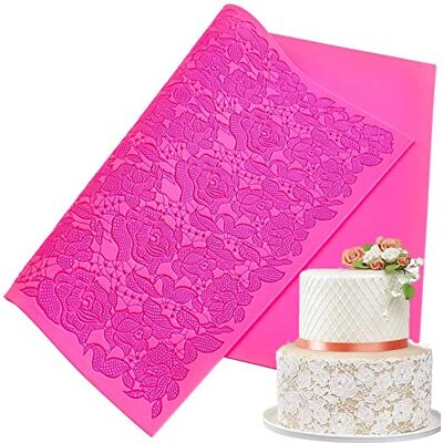 TROYSINC Flower Pattern Silicone Lace Mat Cake Mould, Fondant Embossing Mat, Textured Cake Decoration, Lace Effect, Classic Pattern, Pink TROYSINC Flower Pattern Silicone Lace Mat Cake Mould, Fondant Embossing Mat, Textured Cake Decoration, Lace Effect, Classic Pattern, Pink