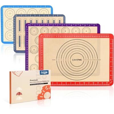 Lazymi 4 Piece Set Silicone Non Stick Baking Mats Sheet with Measurement Resuable Non-Slip Tray Liners , Pastry/Macaron/Cake/Cookie/Bread Making , Table Mat Counter Mat (Red , Purple , Blue , Grey) Lazymi 4 Piece Set Silicone Non Stick Baking Mats Sheet with Measurement Resuable Non-Slip Tray Liners , Pastry/Macaron/Cake/Cookie/Bread Making , Table Mat Counter Mat (Red , Purple , Blue , Grey)