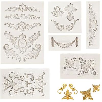 Rthynti 6PCS Fondant Silicone Moulds, 3D Baroque Sculpted Cake Mould(Grey) Retro Relief Fondant Mould, Scroll Border Embossed Lace Molds for Sugarcraft Clay Chocolate Candy Cake Rthynti 6PCS Fondant Silicone Moulds, 3D Baroque Sculpted Cake Mould(Grey) Retro Relief Fondant Mould, Scroll Border Embossed Lace Molds for Sugarcraft Clay Chocolate Candy Cake